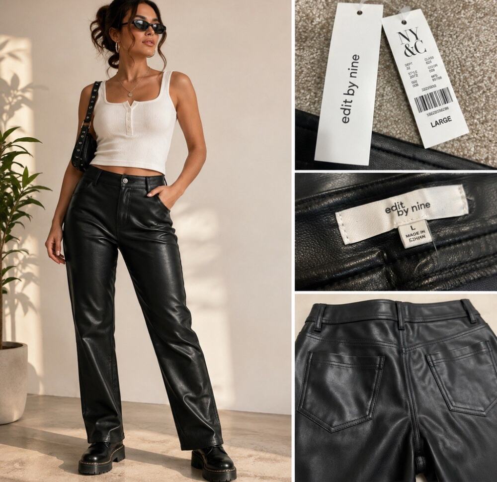 NWT Rocker Edgy Edit by Nine Straight Leg Faux Leather Pants Size Large Black